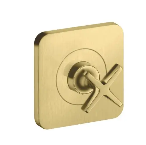 AXOR Absperrventil mit quadratischer Basis und Kreuzgriff in gebürstetem Messing, geeignet für Unterputzmontage.